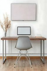 Modern home office workspace with desk, computer, chair, and TV on white wall. Ideal for productivity, work from home, and interior design blogs