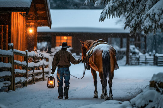 Cowboy with Lantern Walking Horse Through Snow
