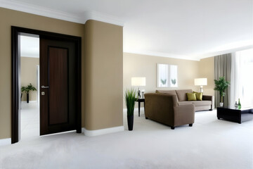 Fototapeta premium Modern hotel suite interior; open door to bedroom; living room with sofa, coffee table, plants; neutral color scheme; ideal for travel brochures