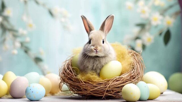 Bunny standing in a chamomile field under blue sky. Close up zoom of funny rabbit on a lawn with daises. Happy Easter concept