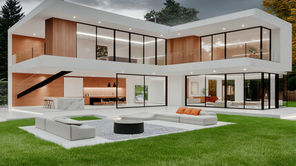 Modern house exterior, backyard patio, evening ambiance, luxury home design, real estate listing