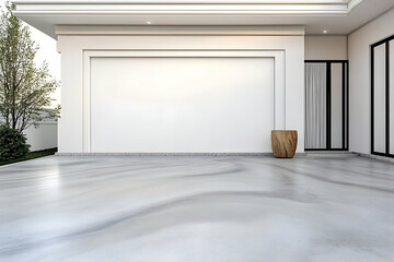 Modern house garage with marble-effect floor, evening light, potential for car advertisement