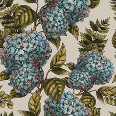 Vintage Botanical Blue Flowers Hydrangea Seamless Pattern