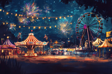 The image depicts a vibrant amusement park at night, illuminated with colorful lights