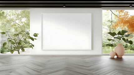 Fototapeta premium Modern interior design with blank canvas, plants, and large windows overlooking tranquil garden. Ideal for showcasing artwork or home decor
