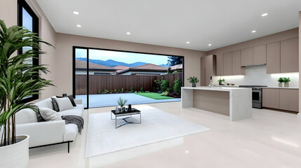 Modern kitchen and living room with sliding glass doors opening to a backyard patio and mountain view; ideal for real estate listings or home design websites