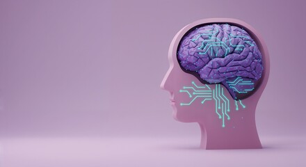 Abstract 3D illustration of a head with a computer-processed brain, symbolizing artificial intelligence, technology, and digital thinking