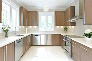 Modern kitchen design, u-shaped layout, bright windows, marble floor, home interior, real estate listing