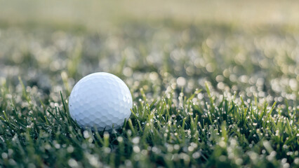 Golf Beginner: A simple yet striking photo of a single golf ball resting on fresh, dewy spring grass, positioned to the far left of the frame with ample copy space on the right