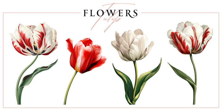 Blooming tulip flowers isolated on a white background. Vintage painting style illustration.