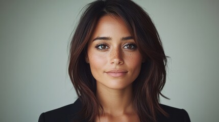 Naklejka premium A portrait of a woman with smooth skin and deep brown hair against a soft green background. The composition is elegant and serene, highlighting natural beauty.