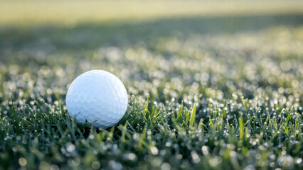 Golf Beginner: A simple yet striking photo of a single golf ball resting on fresh, dewy spring grass, positioned to the far left of the frame with ample copy space on the right