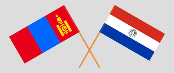 Crossed flags of Mongolia and Republic of Paraguay. Official colors. Correct proportion. Vector illustration