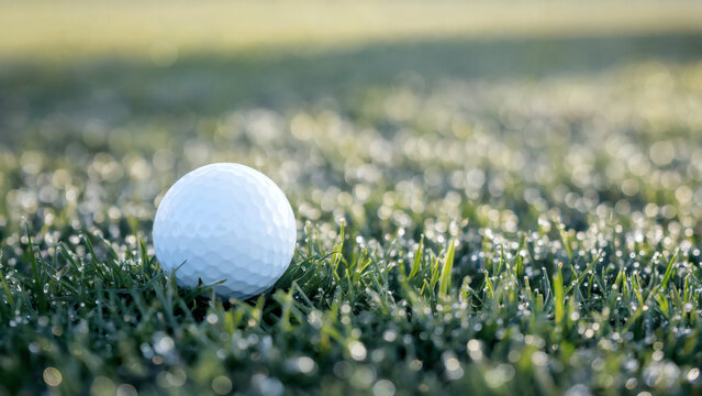 Golf Beginner: A simple yet striking photo of a single golf ball resting on fresh, dewy spring grass, positioned to the far left of the frame with ample copy space on the right