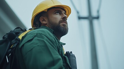 A worker in a yellow helmet and green uniform looks up towards a high voltage tower, with a blurred sky and power lines in the background.