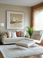 Modern living room interior design, beige color scheme, sectional sofa, cityscape artwork,  window blinds. Use Home decor inspiration