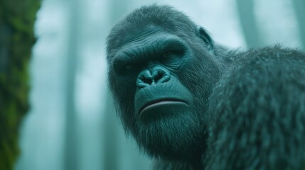 A rare and detailed close-up of a Bigfoot-like creature in a misty forest, with its expressive face and thick fur standing out against the foggy background.