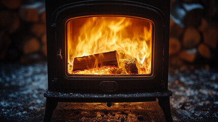 A cozy pile of firewood stacked neatly near a blurred fireplace at home with soft white, gold, and silver lighting creating a calm and warm atmosphere with space for captions on the side
