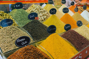 Mixed turkish spices for cooking to sell in Istanbul bazaar
