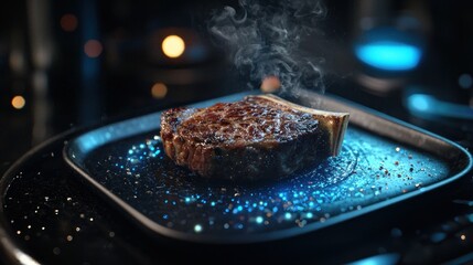 Sizzling steak on a futuristic griddle with blue sparks.