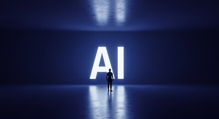 A silhouetted individual appears dwarfed by the large glowing AI letters within a dark, mysterious environment.

