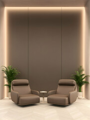 Modern living room interior design, two brown leather armchairs facing each other, minimalist decor, neutral color palette, perfect for relaxation or conversation