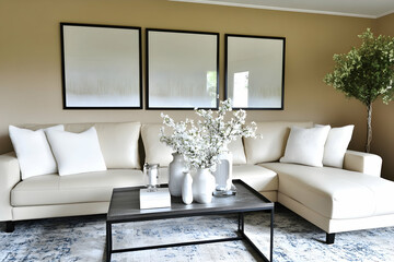 Modern living room interior design with beige sectional sofa, white pillows,  grey coffee table, and abstract art.  Ideal for home decor blogs or real estate listings