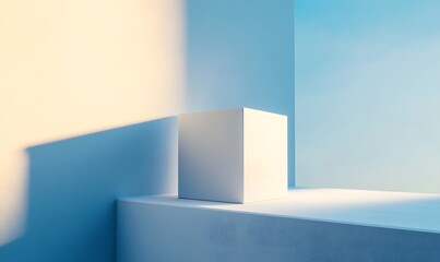 Fototapeta premium Minimalist white cube on platform, blue light.