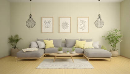 Modern living room interior design with grey sectional sofa, light wood coffee table, and pale green walls. Plants and artwork add to the calm atmosphere; ideal for home decor websites