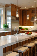 Fototapeta premium Modern Kitchen with Marble Countertops, Stainless Steel Appliances, and Wooden Cabinets in Natural Light