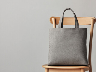 Eco-friendly for the environment. Stylish tote bag resting on a wooden chair against a neutral backdrop.