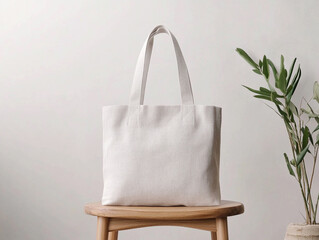 Eco-friendly for the environment. Stylish white tote bag on a wooden stool with greenery background.