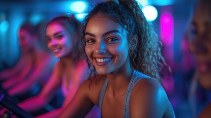 Happy women exercise class fitness studio workout