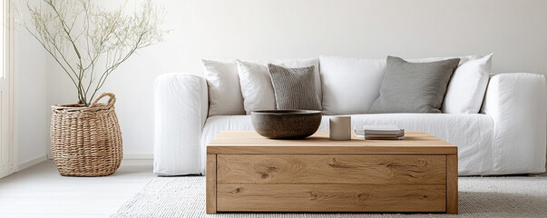 Eco-friendly for the environment. Cozy living room with a white sofa and wooden coffee table.