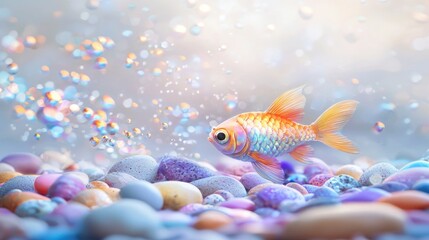 Fototapeta premium Colorful fish swimming among vibrant pebbles and bubbles.