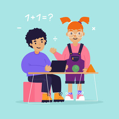 Children's education. Girl and a boy are learning mathematics. Boy holding a tablet. Preparation for school. Flat design vector illustration.