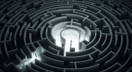 A figure stands before an intricate concrete maze, with light emanating from its center, symbolizing mystery and discovery.

