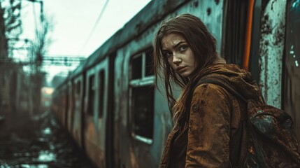 Young Woman Survivor Near Rusty Train Car