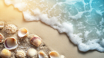 A peaceful shoreline scene with seashells scattered across the beach, offering a serene and tranquil atmosphere, highlighting nature's beauty in a bright, blurred background perfect for captions

