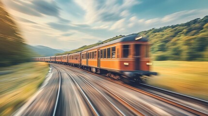 Fototapeta premium Vintage train traveling through picturesque countryside with nostalgic blur
