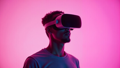 Person in virtual reality headset illuminated by colorful lighting tones, showcasing modern technology and immersive experiences.

