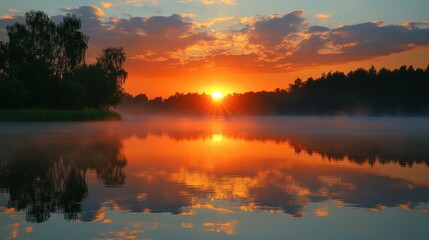 Sunrise lake mist reflection forest calm peaceful