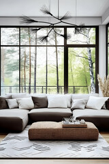 Fototapeta premium Modern living room with sectional sofa, overlooking forest. Ideal for interior design websites and magazines