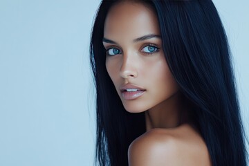 Fototapeta premium Beautiful Woman With Long Black Hair And Blue Eyes