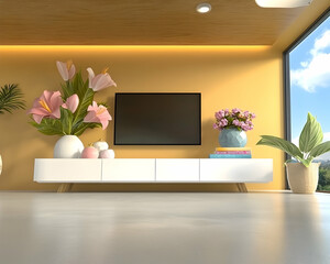 Modern living room with TV, flowers, and large window showcasing a scenic view; ideal for home decor websites or magazines