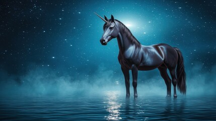 Obraz premium A majestic black unicorn stands in calm waters under a starry night sky, surrounded by mist, creating a mystical and enchanting atmosphere.