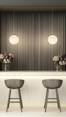 Modern minimalist bar interior; two stools at counter, flower arrangements, warm lighting. Perfect for hospitality, restaurant design websites