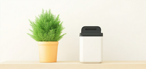 Eco-friendly for the environment. Modern decor featuring a plant and a white container on a neutral background.