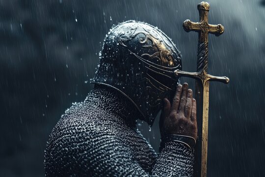 A Knight in Rain Praying with His Sword