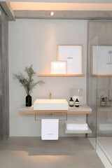 Modern minimalist bathroom design with floating shelves, a sleek sink, and a glass shower.  Perfect for interior design blogs or home improvement websites